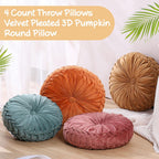 Kathfly Set of 4 Decorative Round Pleated Throw Pillows, Classy Velvet Pumpkin Round Throw Pillows, Decorative Floor Pillow for Bed Chair Home Sofa Decor, 14" Diameter(Colorful)