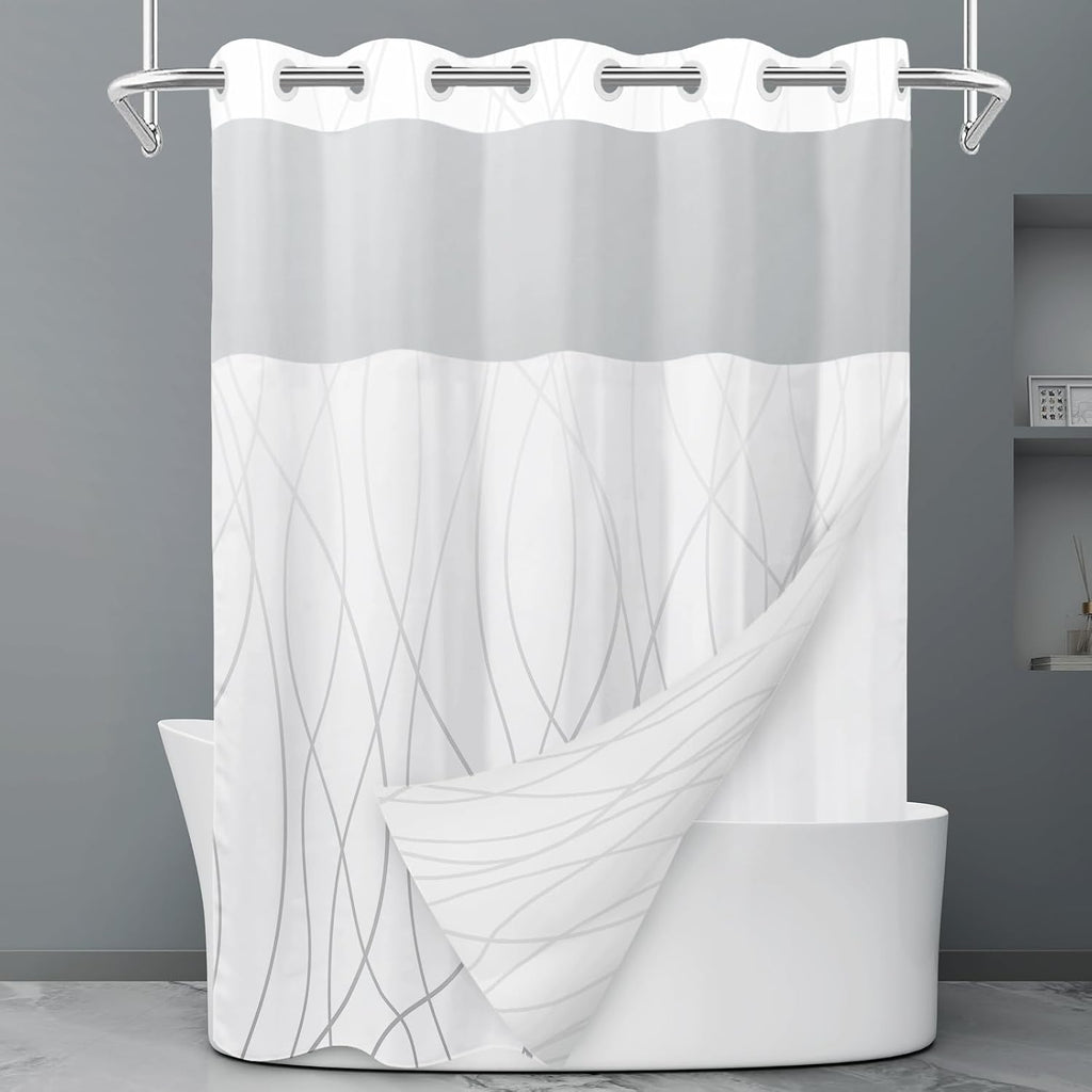 No Hook Grey White Striped Shower Curtain with Snap in Fabric Liner Set - Hotel Liner Set with See Through Mesh Top Window,Machine Washable, 71x74 INCH