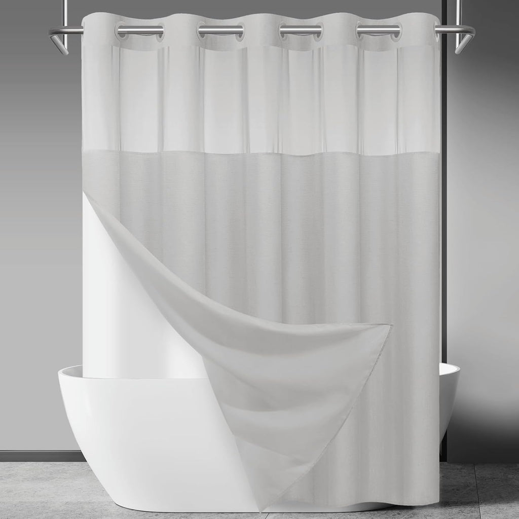 No Hook Slub Textured Shower Curtain with Snap in Liner - Black Fabric Outer Curtain & Waterproof Inner Liner, Hotel Style with See Through Top Window, 71x74 in