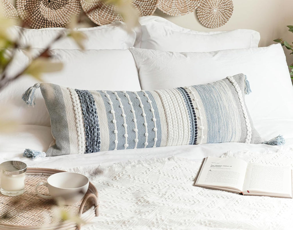 BlissBlush Coastal Blue Decorative Lumbar Pillow Cover 14x36 Boho Long Body Pillow for Bed Farmhouse Lumbar Throw Pillow for Couch Modern Accent Textured Throw Pillowcase