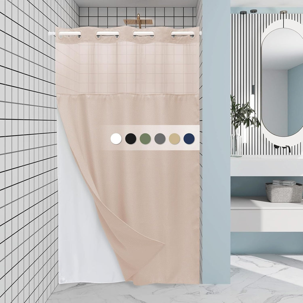 Grey Shower Curtain and Liner Set - 230GSM Waffle Weave Textured Heavy Duty,Hotel Luxury Weighted Bath Curtain,71W x 74H