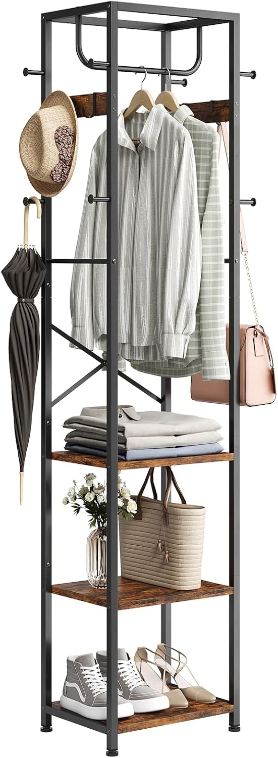 Coat Rack Freestanding, Hall Tree with 3 Storage Shelves and 12 Hooks, Industrial Clothes Rack Stand Organizer for Bedroom, Hallway, Entryway, Office, Living Room, Rustic Brown