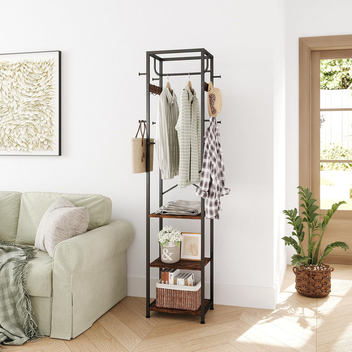 Coat Rack Freestanding, Hall Tree with 3 Storage Shelves and 12 Hooks, Industrial Clothes Rack Stand Organizer for Bedroom, Hallway, Entryway, Office, Living Room, Rustic Brown