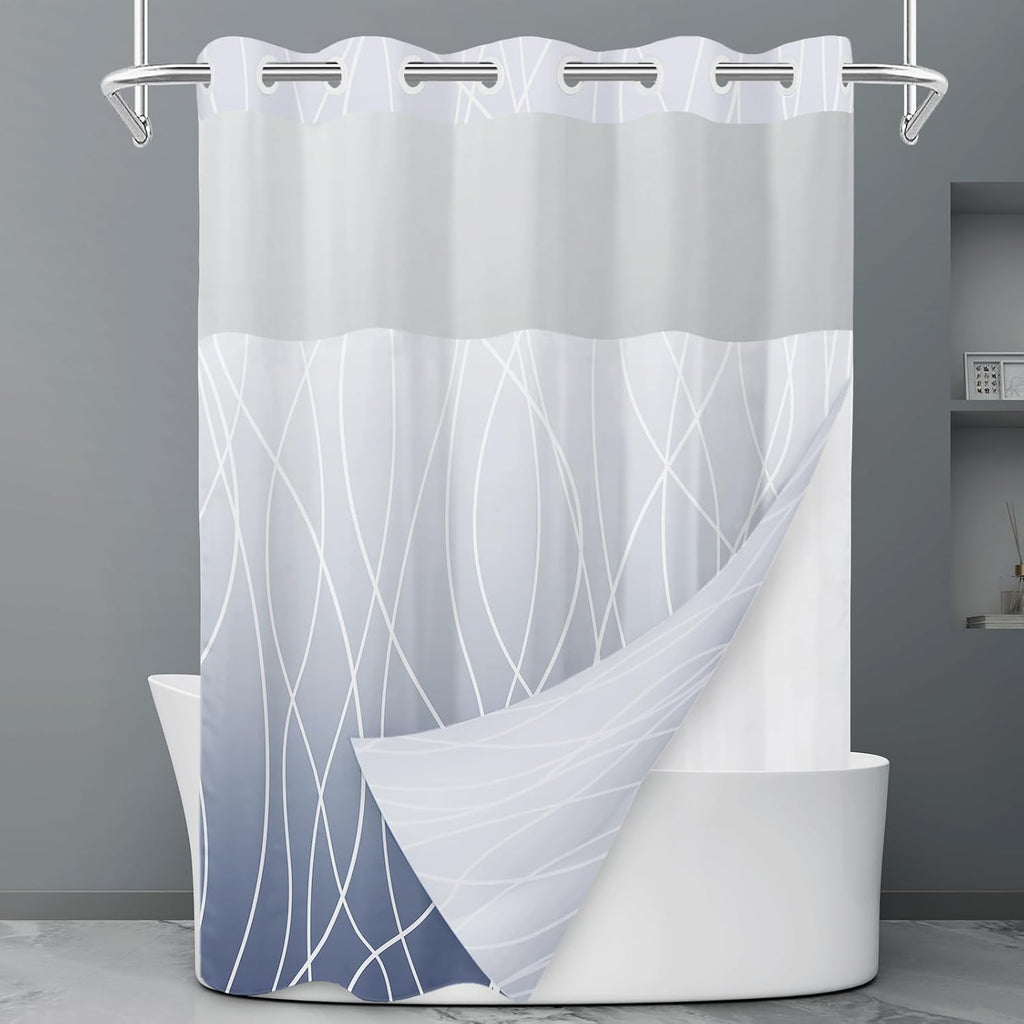 No Hook Grey White Striped Shower Curtain with Snap in Fabric Liner Set - Hotel Liner Set with See Through Mesh Top Window,Machine Washable, 71x74 INCH