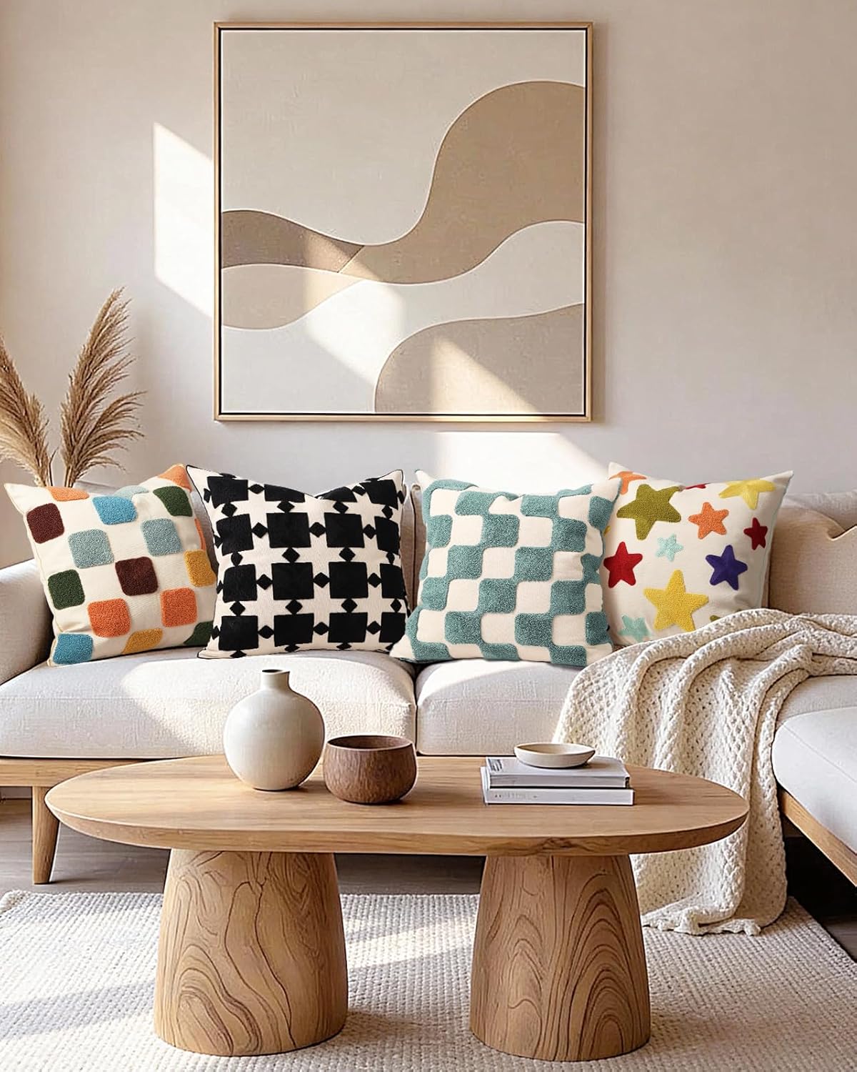 Embroidered Throw Pillow Cover 18x18 Inch - Modern Geometric Decorative Pillow Cover with Zipper for Sofa Couch Living Room Chair Car Aesthetic Design Cushion Pillowcase, Colorful Checkered