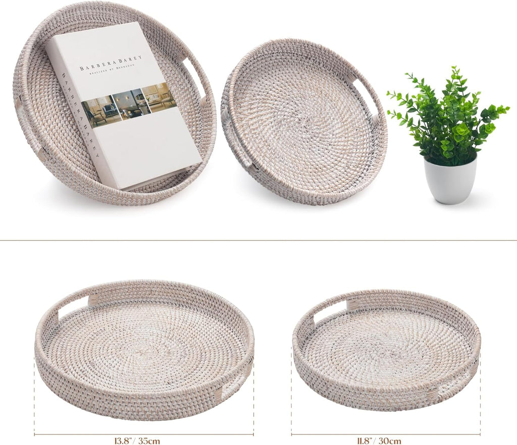 13.8 inch Round Rattan Tray, Decorative Coffee Table Tray, Ottoman Tray, Woven Serving Tray with Handles, Wicker Serving Basket, Whitewash