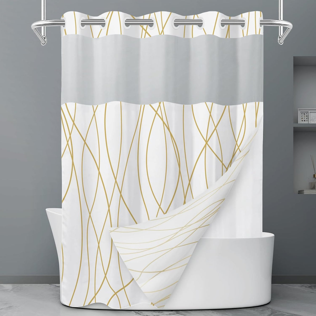 No Hook Grey White Striped Shower Curtain with Snap in Fabric Liner Set - Hotel Liner Set with See Through Mesh Top Window,Machine Washable, 71x74 INCH