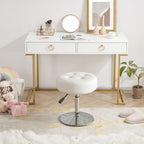 White Vanity Chair for Makeup Room Round Ottoman Tufted PU Leather Makeup Chair Vanity Stools for Bathroom Height Adjustable 360 Swivel