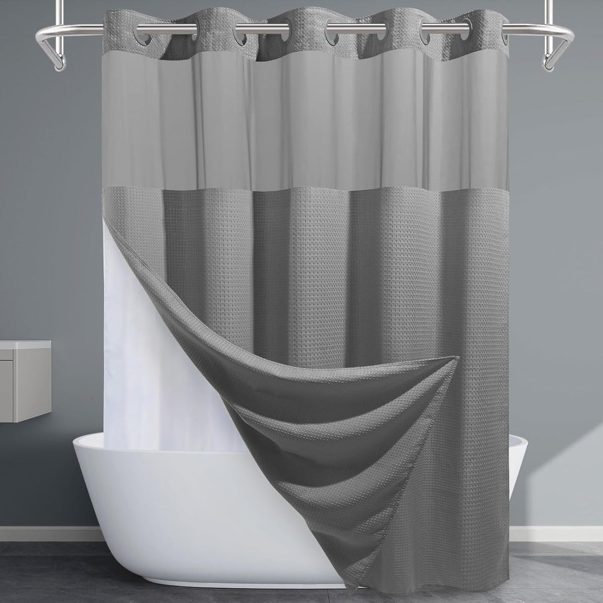 Grey Shower Curtain and Liner Set - 230GSM Waffle Weave Textured Heavy Duty,Hotel Luxury Weighted Bath Curtain,71W x 74H