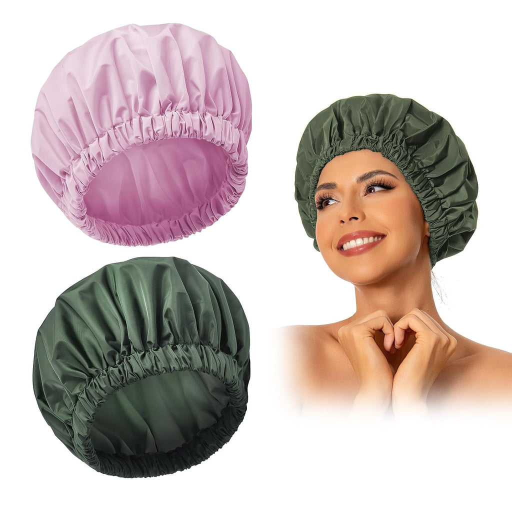 Reusable Shower Cap for Women, Large Waterproof Shower Bonnet Washable Elastic Band Bath Hair Hat for Long Hair, Braids(Green)