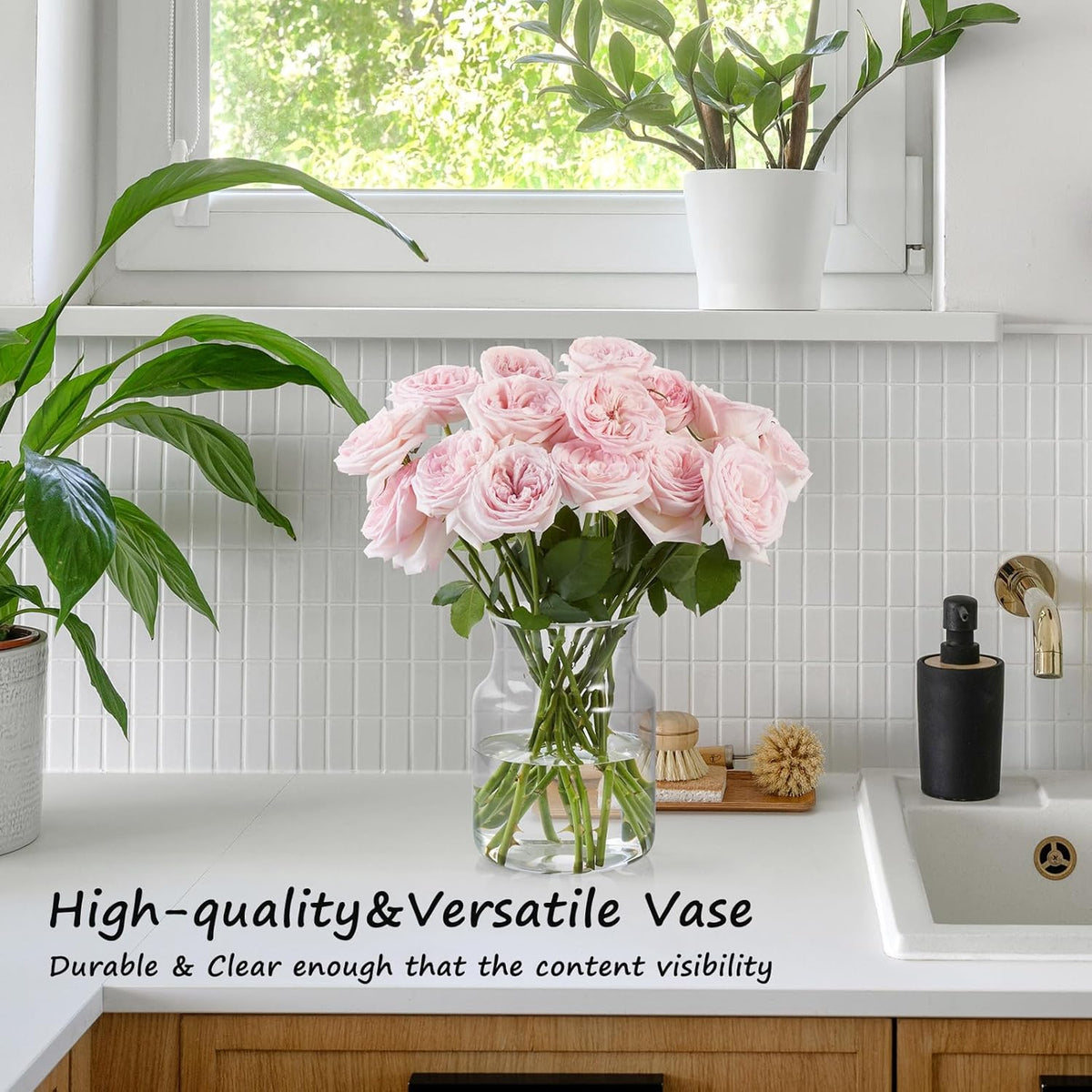 Clear Glass Vase, Large Flower Vase, 8-inch Glass Flower Vase for Plants, Wide Mouth Vase for Home, Wedding, Living Room, Dining Table