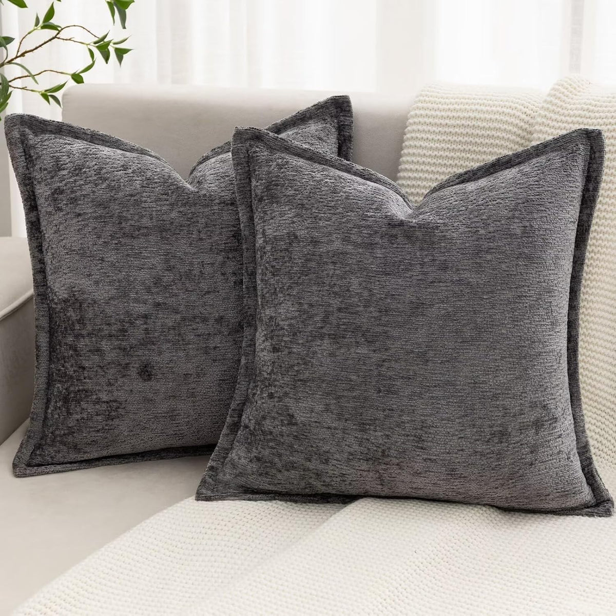 Grey Decorative Throw Pillow Covers 18x18 Inch Set of 2 Cozy Soild Chenille Cushion Cases Soft Textured Square Couch Pillows Cover Boho Accent Farmhouse Pillowcases for Sofa Bed