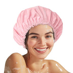 Shower Cap for Women, Double Layer Waterproof Bath Cap, Reusable Hair Protector, Large Waterproof Shower Bonnet Washable Elastic Band Bath Hair Hat for Long Hair, Braids， - Pink