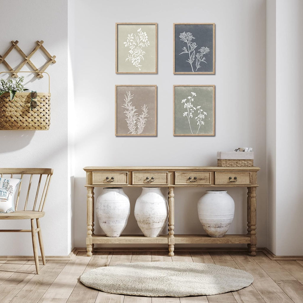 Framed Boho Wall Art Set of 4 for Wooded Minimalist Botanical Print Wall Art for Rustic Vintage Farmhouse Home Kitchen Wall Decor (Brown, 11x14)