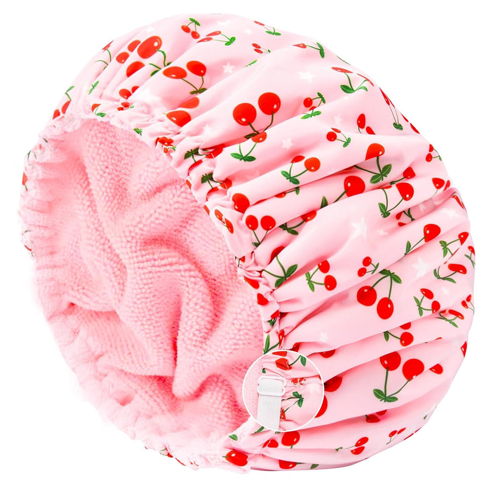 Shower Cap for Women Terry Lined Bath Cap Large Reusable Waterproof Elastic Band Pink Shower Caps for Long Thick Hair Soft Bath Shower Hair Caps